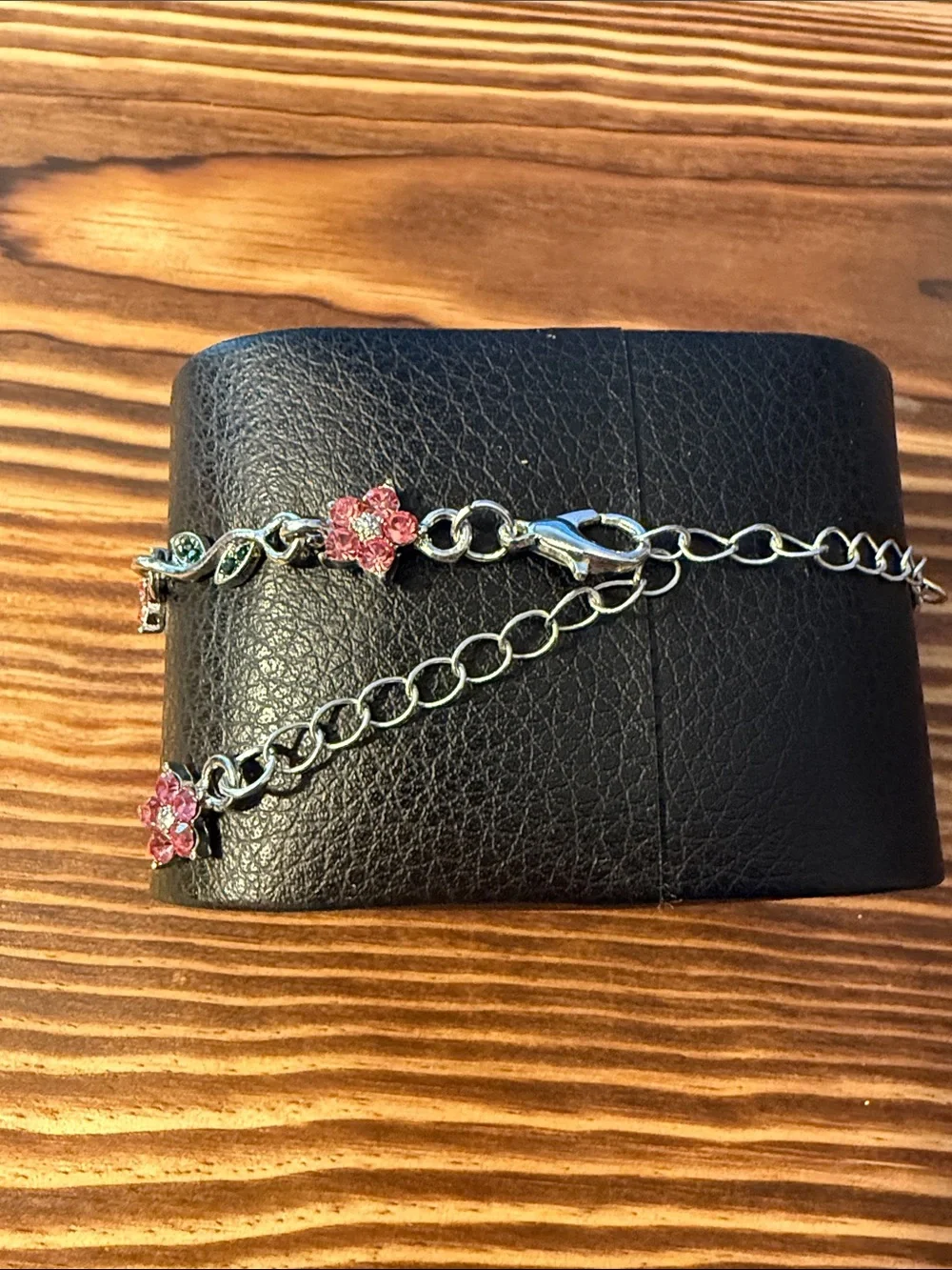 Silver Pink Crystal Flower Chain Bracelet for Women Stainless Steel